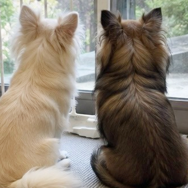 後ろ向きの2匹の犬